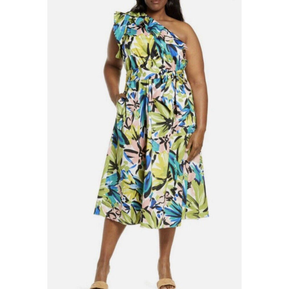 Donna Morgan Women's Cotton Floral Ruffle One Shoulder Midi Dress 14W Artsy Bold - Picture 1 of 14